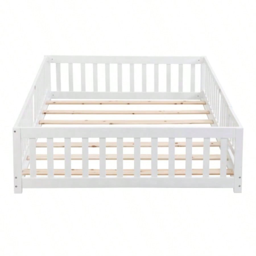 full Size Floor Bed with Door, Solid Wood Platform Bed Frame with Fence, Suitable children, Pine Wood, White