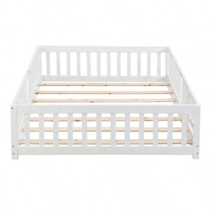 full Size Floor Bed with Door, Solid Wood Platform Bed Frame with Fence, Suitable children, Pine Wood, White