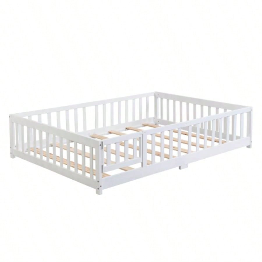 full Size Floor Bed with Door, Solid Wood Platform Bed Frame with Fence, Suitable children, Pine Wood, White