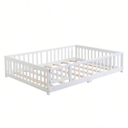 full Size Floor Bed with Door, Solid Wood Platform Bed Frame with Fence, Suitable children, Pine Wood, White