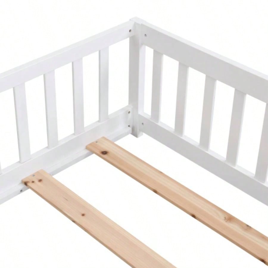 full Size Floor Bed with Door, Solid Wood Platform Bed Frame with Fence, Suitable children, Pine Wood, White