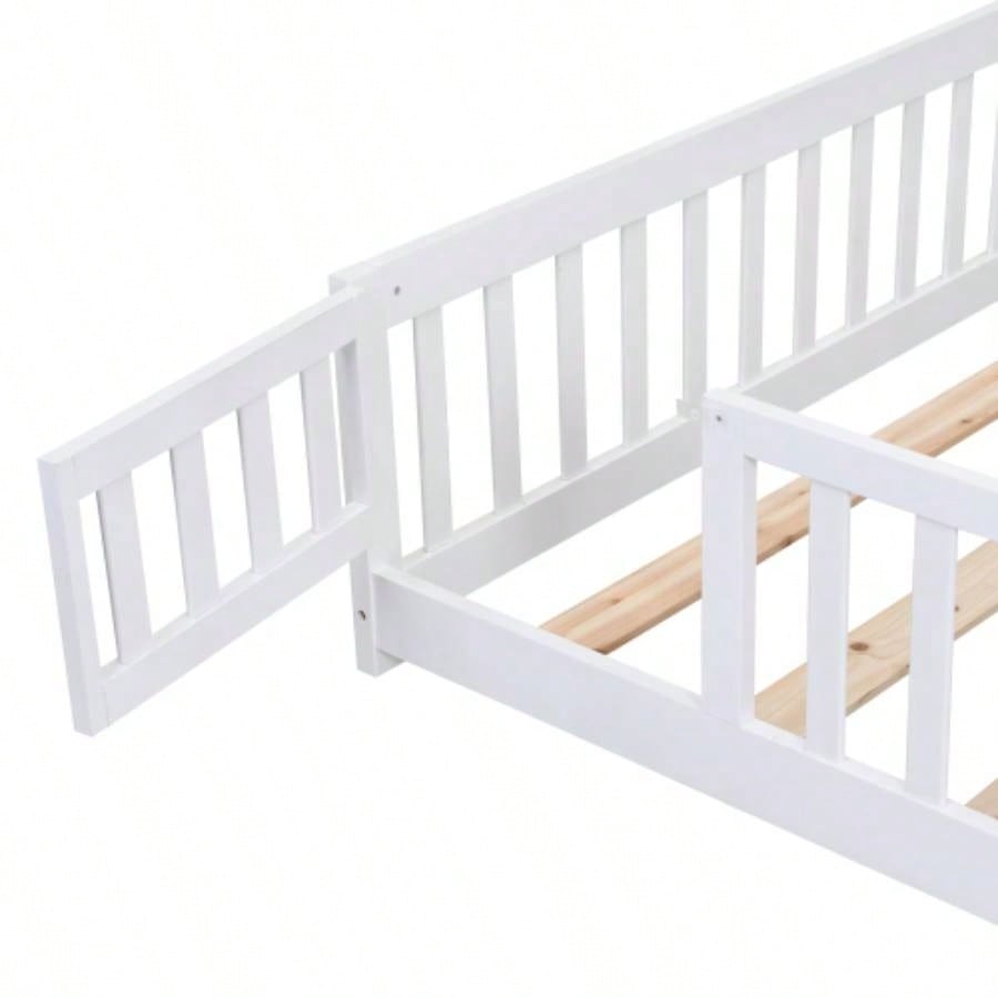 full Size Floor Bed with Door, Solid Wood Platform Bed Frame with Fence, Suitable children, Pine Wood, White