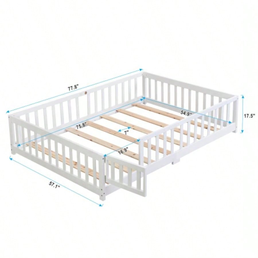 full Size Floor Bed with Door, Solid Wood Platform Bed Frame with Fence, Suitable children, Pine Wood, White