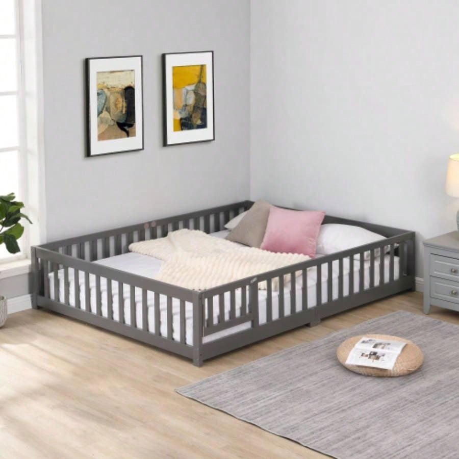 full Size Floor Bed with Door, Solid Wood Platform Bed Frame with Fence, Suitable children, Pine Wood, White