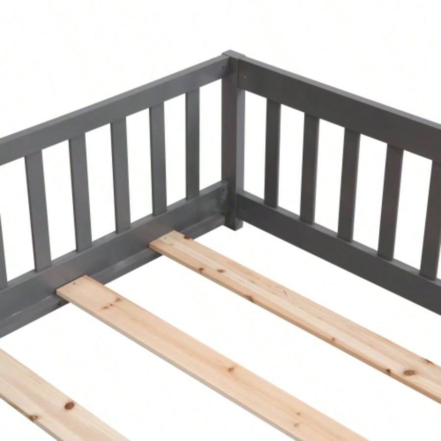 full Size Floor Bed with Door, Solid Wood Platform Bed Frame with Fence, Suitable children, Pine Wood, Gray