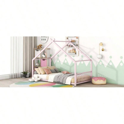 Twin Size Metal House Bed, Pink