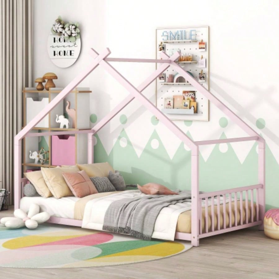 Full Size Metal House Bed, White