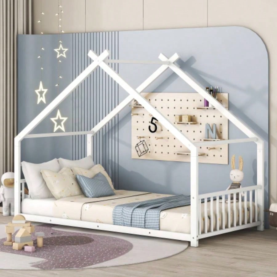Twin Size Metal House Bed, Pink