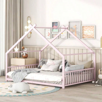 Full Size Metal House Bed, White