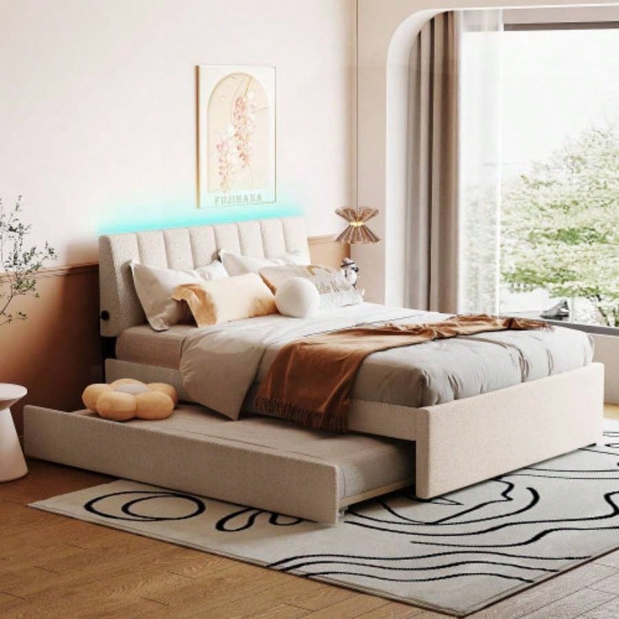 Teddy Fleece Full Size Upholstered Platform Bed with Twin size Trundle, Gray