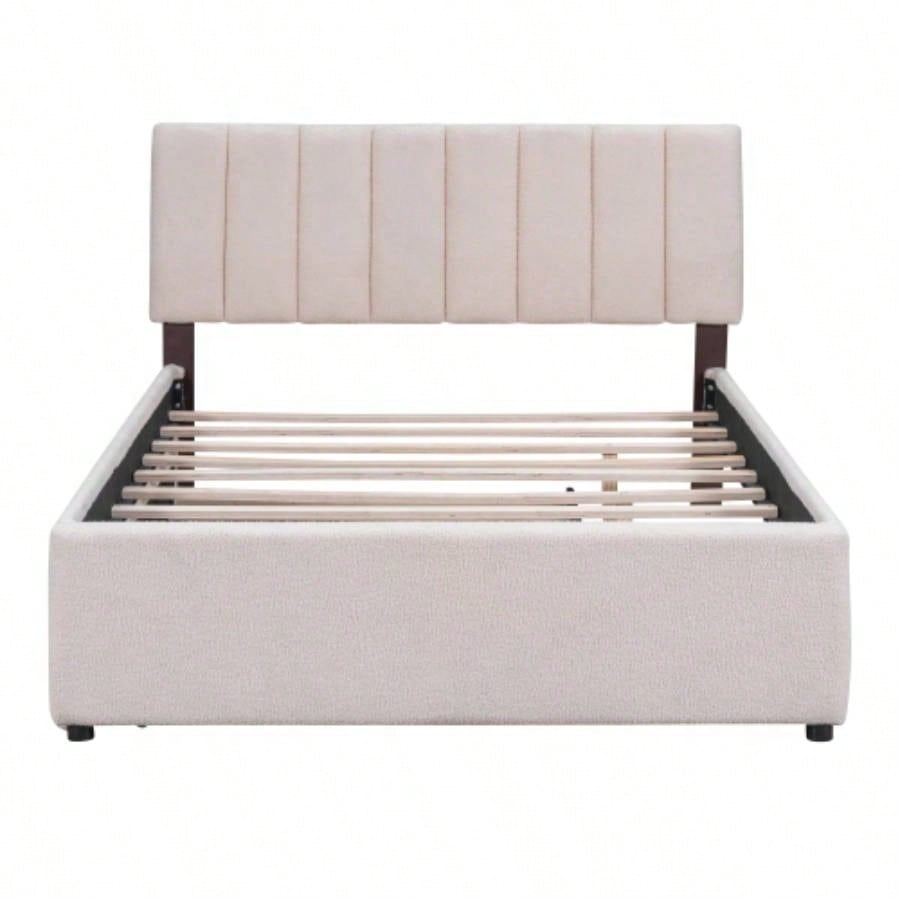 Teddy Fleece Full Size Upholstered Platform Bed with Twin size Trundle, Beige