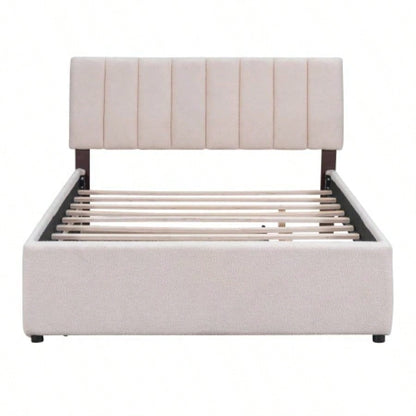 Teddy Fleece Full Size Upholstered Platform Bed with Twin size Trundle, Beige