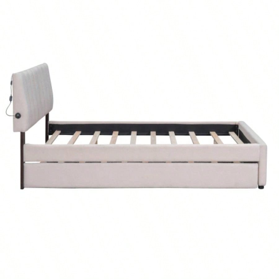 Teddy Fleece Full Size Upholstered Platform Bed with Twin size Trundle, Beige