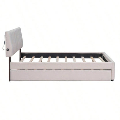 Teddy Fleece Full Size Upholstered Platform Bed with Twin size Trundle, Beige