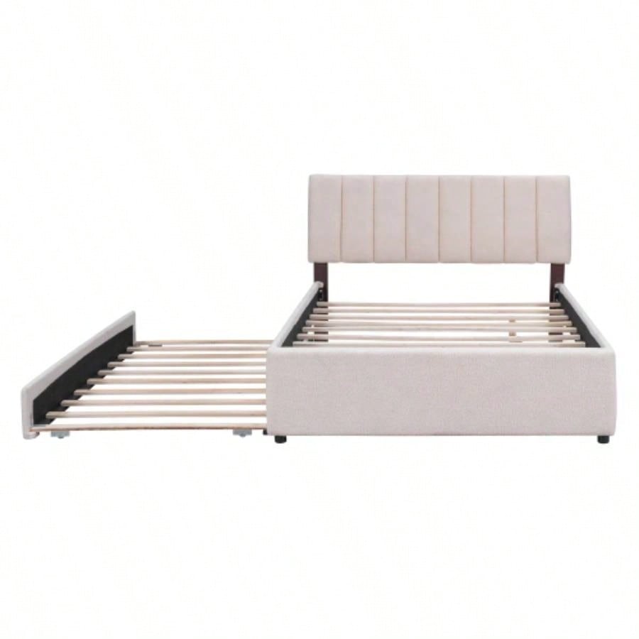 Teddy Fleece Full Size Upholstered Platform Bed with Twin size Trundle, Beige