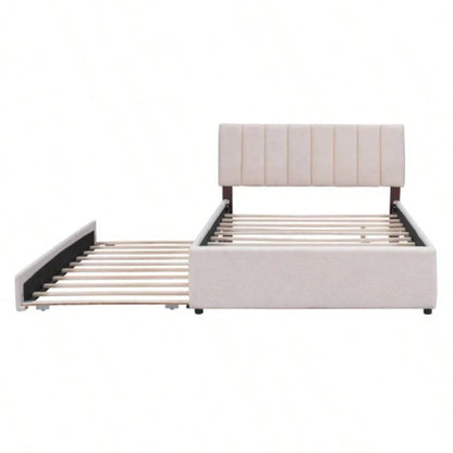 Teddy Fleece Full Size Upholstered Platform Bed with Twin size Trundle, Beige