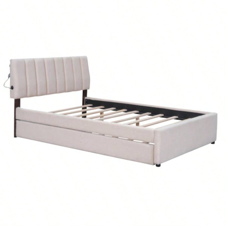 Teddy Fleece Full Size Upholstered Platform Bed with Twin size Trundle, Beige