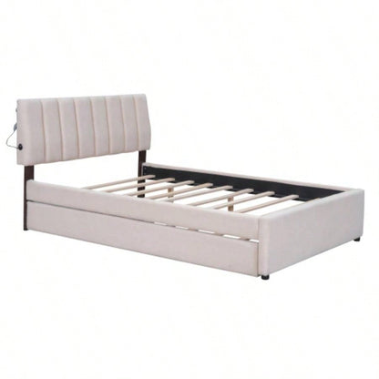 Teddy Fleece Full Size Upholstered Platform Bed with Twin size Trundle, Beige