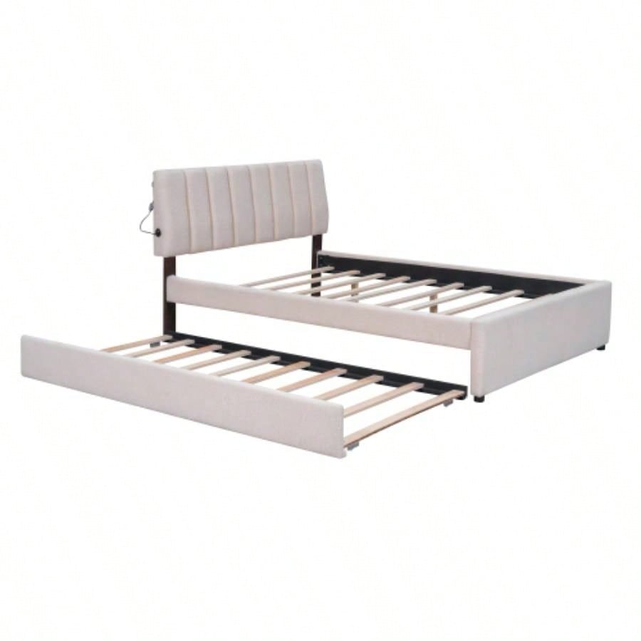 Teddy Fleece Full Size Upholstered Platform Bed with Twin size Trundle, Beige