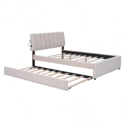 Teddy Fleece Full Size Upholstered Platform Bed with Twin size Trundle, Beige