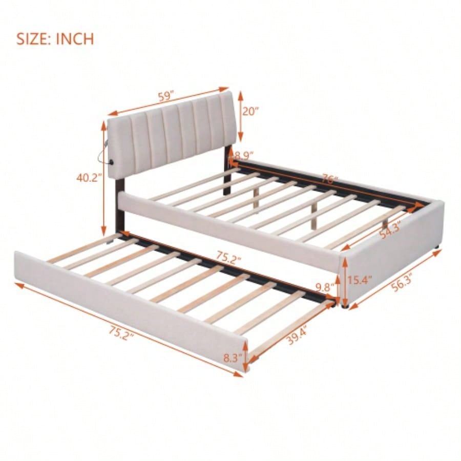 Teddy Fleece Full Size Upholstered Platform Bed with Twin size Trundle, Beige