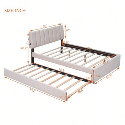 Teddy Fleece Full Size Upholstered Platform Bed with Twin size Trundle, Beige