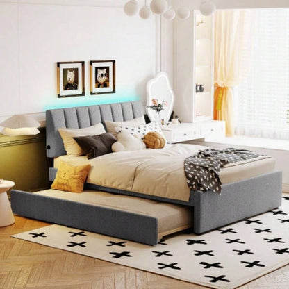 Teddy Fleece Full Size Upholstered Platform Bed with Twin size Trundle, Beige