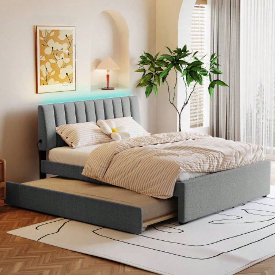 Teddy Fleece Full Size Upholstered Platform Bed with Twin size Trundle, Beige