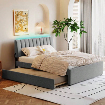 Teddy Fleece Full Size Upholstered Platform Bed with Twin size Trundle, Beige