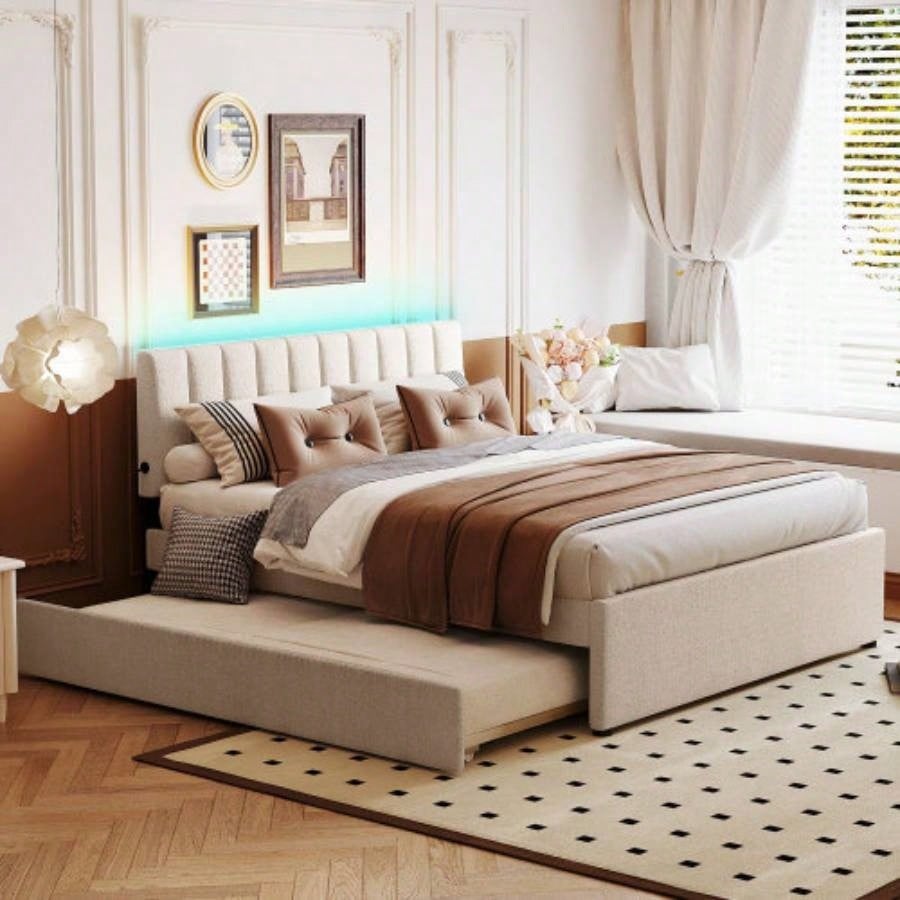 Teddy Fleece Full Size Upholstered Platform Bed with Twin size Trundle, Gray