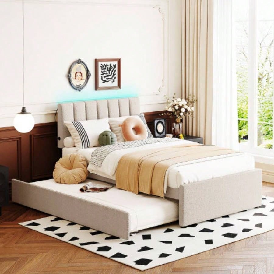 Teddy Fleece Full Size Upholstered Platform Bed with Twin size Trundle, Gray