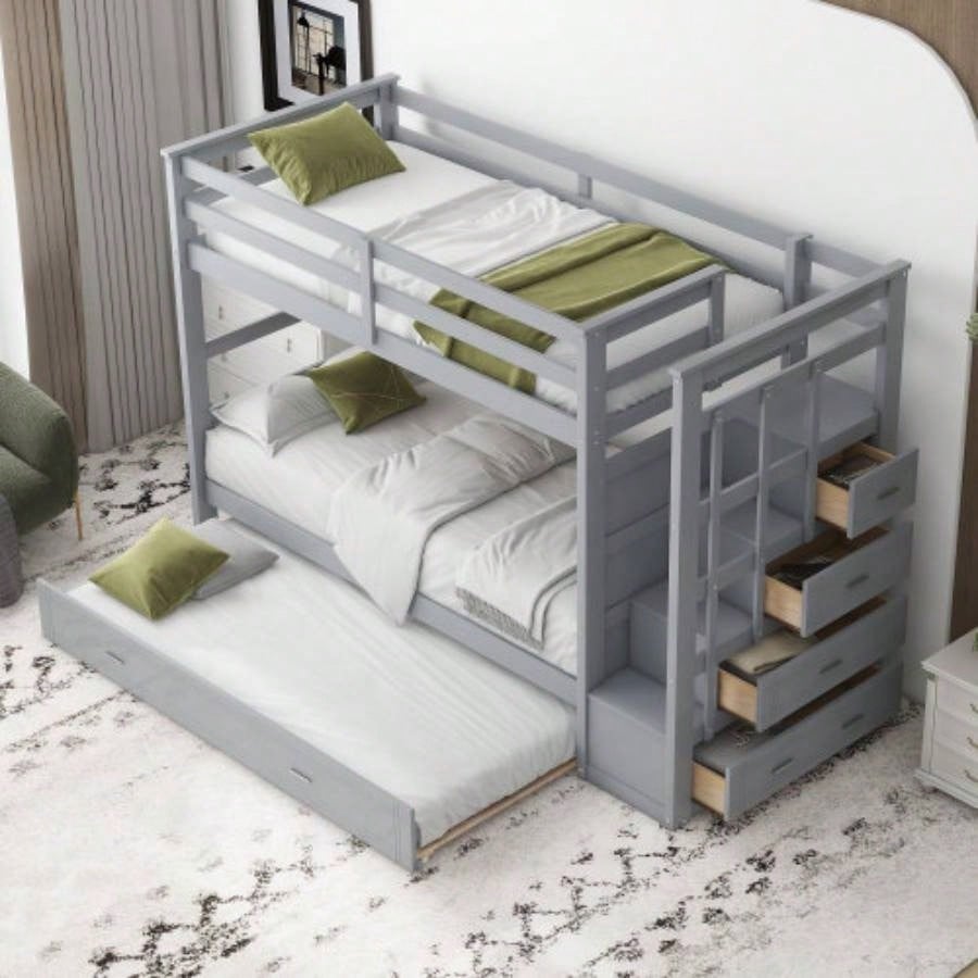 Twin Over Twin Bunk Bed with Trundle and Staircase, GrayOLD SKU: LT000068AAE