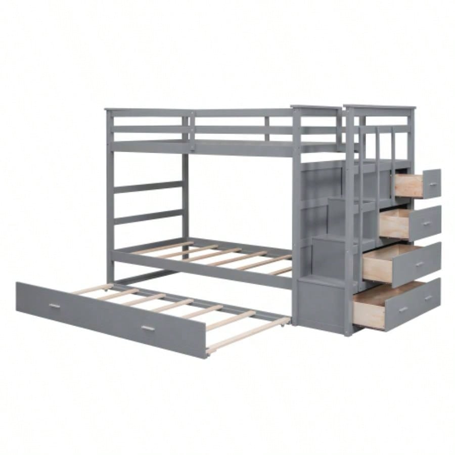 Twin Over Twin Bunk Bed with Trundle and Staircase, GrayOLD SKU: LT000068AAE