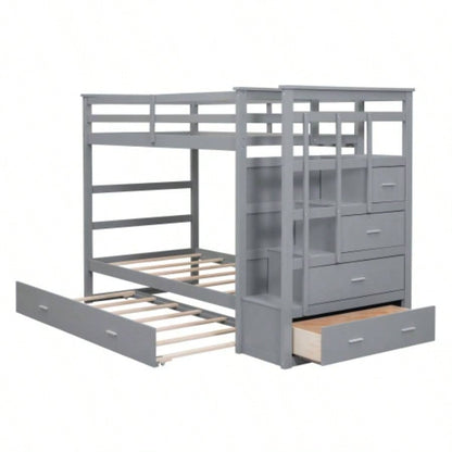 Twin Over Twin Bunk Bed with Trundle and Staircase, GrayOLD SKU: LT000068AAE