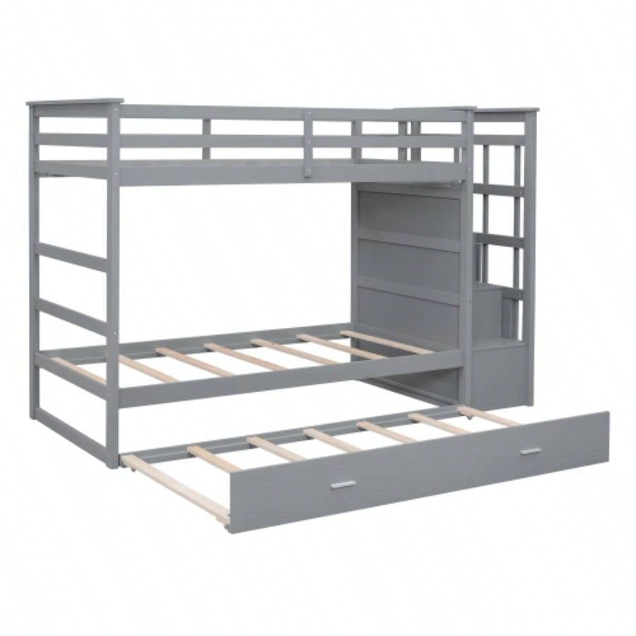 Twin Over Twin Bunk Bed with Trundle and Staircase, GrayOLD SKU: LT000068AAE