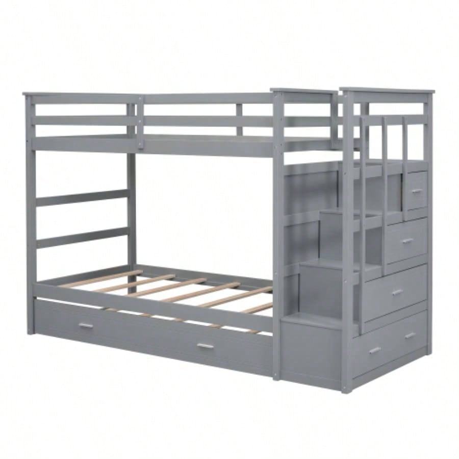 Twin Over Twin Bunk Bed with Trundle and Staircase, GrayOLD SKU: LT000068AAE