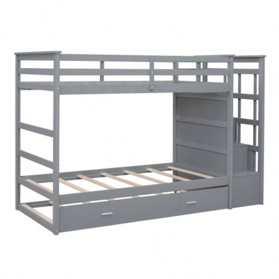 Twin Over Twin Bunk Bed with Trundle and Staircase, GrayOLD SKU: LT000068AAE