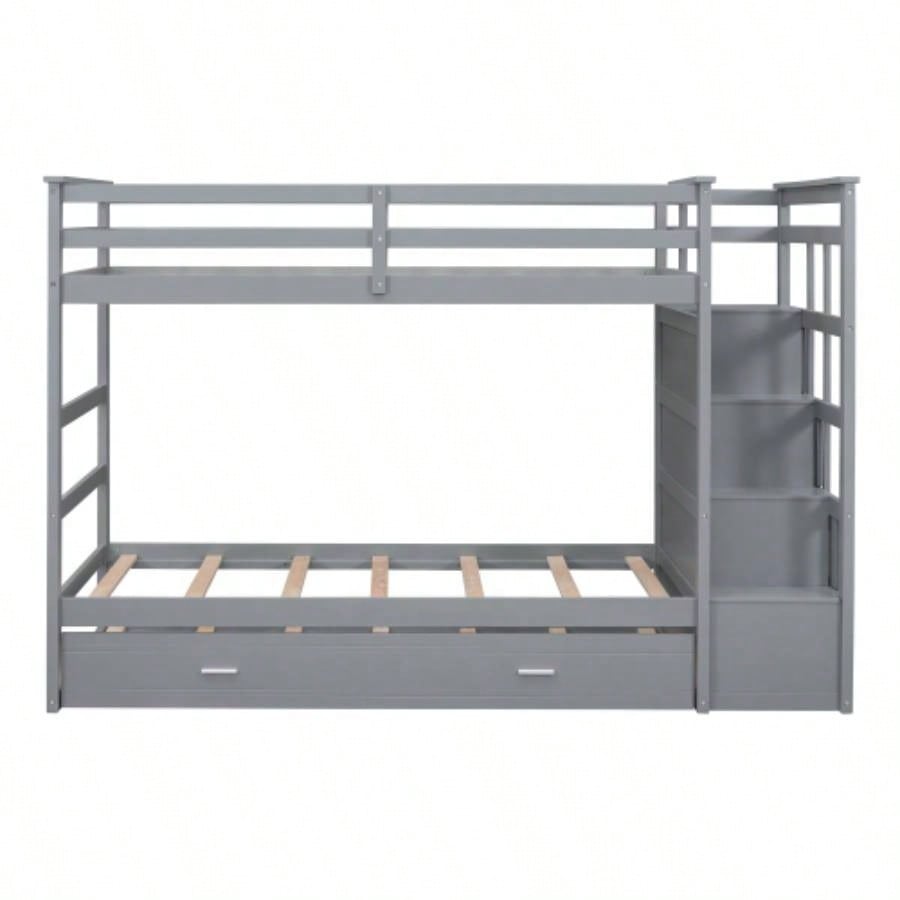 Twin Over Twin Bunk Bed with Trundle and Staircase, GrayOLD SKU: LT000068AAE