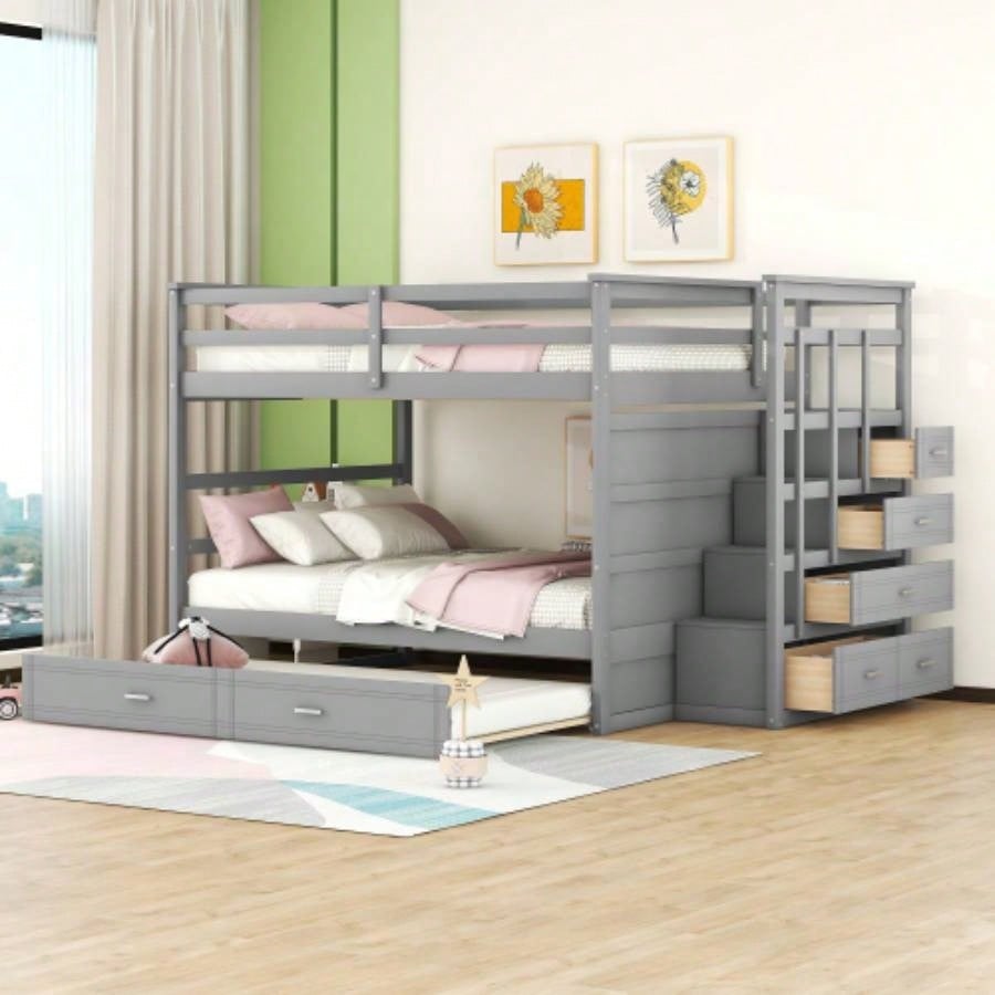 Twin Over Twin Bunk Bed with Trundle and Staircase, GrayOLD SKU: LT000068AAE