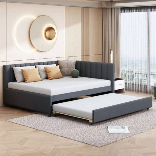 Full Size Upholstered Daybed with Trundle Sofa Bed Frame No Box Spring Needed, Linen FabricGray