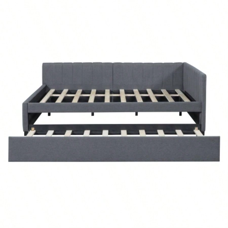 Full Size Upholstered Daybed with Trundle Sofa Bed Frame No Box Spring Needed, Linen FabricGray
