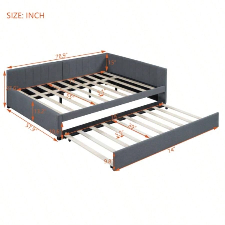 Full Size Upholstered Daybed with Trundle Sofa Bed Frame No Box Spring Needed, Linen FabricGray
