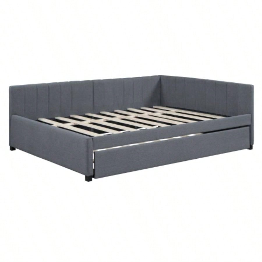 Full Size Upholstered Daybed with Trundle Sofa Bed Frame No Box Spring Needed, Linen FabricGray