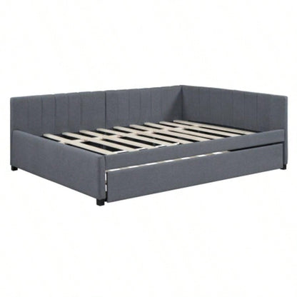 Full Size Upholstered Daybed with Trundle Sofa Bed Frame No Box Spring Needed, Linen FabricGray