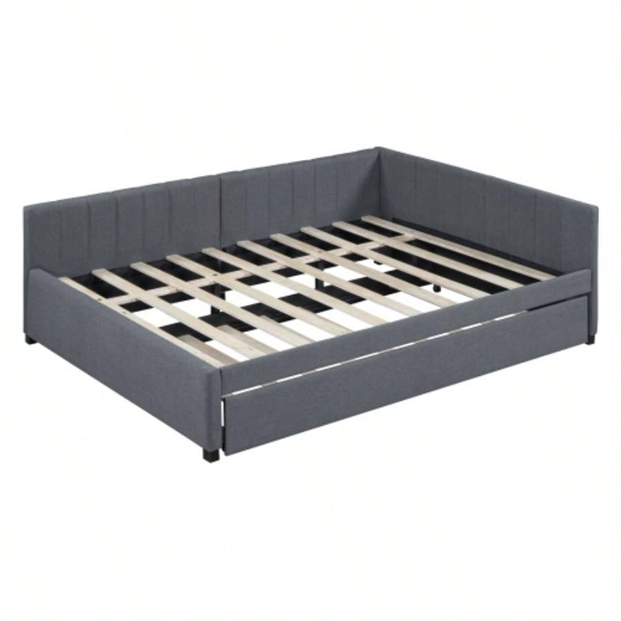 Full Size Upholstered Daybed with Trundle Sofa Bed Frame No Box Spring Needed, Linen FabricGray