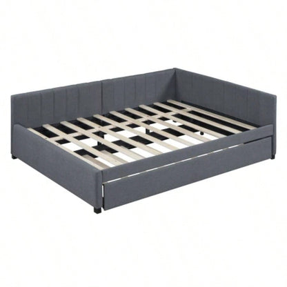 Full Size Upholstered Daybed with Trundle Sofa Bed Frame No Box Spring Needed, Linen FabricGray