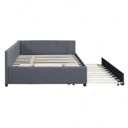 Full Size Upholstered Daybed with Trundle Sofa Bed Frame No Box Spring Needed, Linen FabricGray