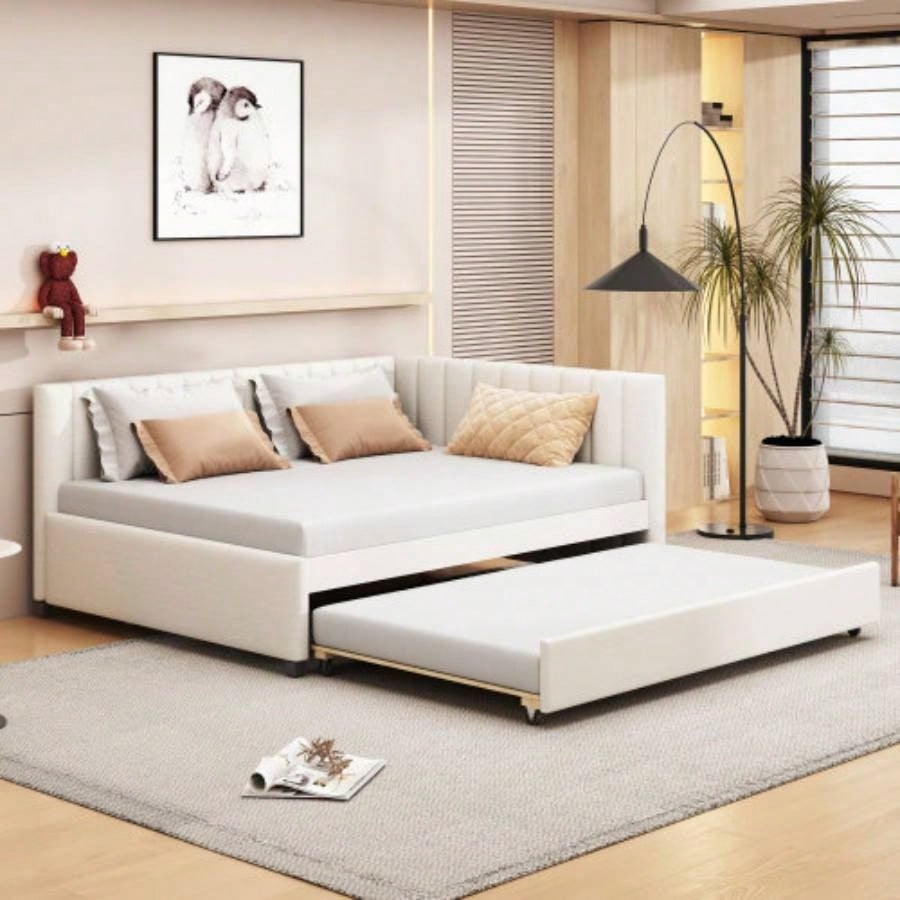 Full Size Upholstered Daybed with Trundle Sofa Bed Frame No Box Spring Needed, Linen FabricGray