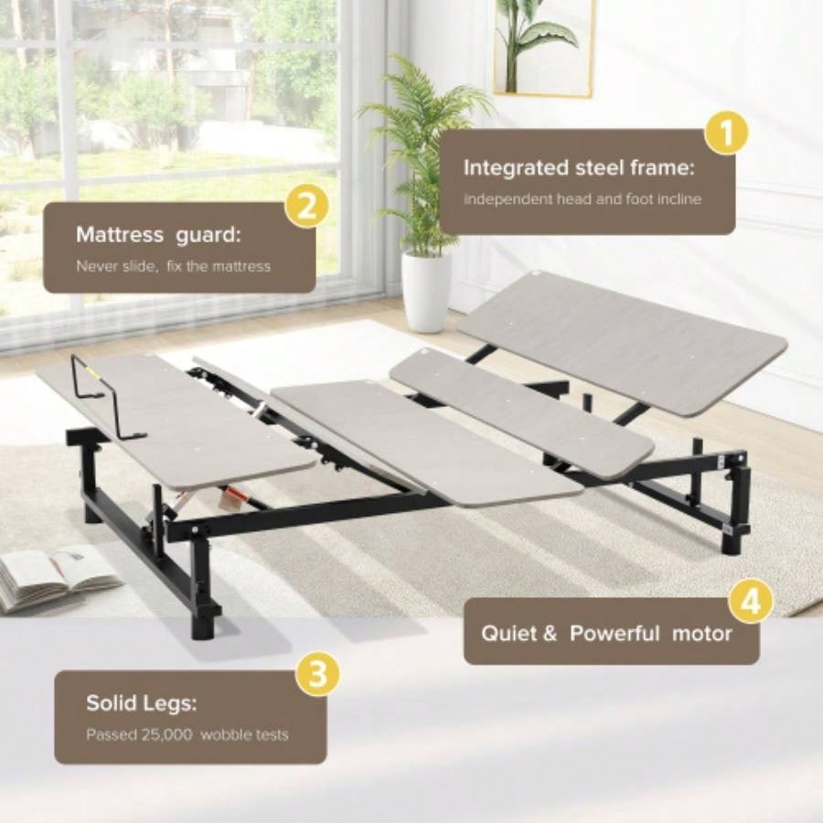 Ergonomic Adjustable Bed Base Size, and Foot Incline, Wireless Remote Control with Quiet Motor