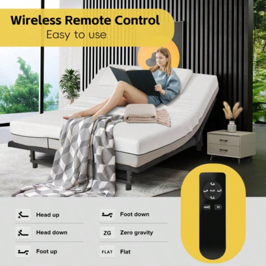 Ergonomic Adjustable Bed Base Size, and Foot Incline, Wireless Remote Control with Quiet Motor